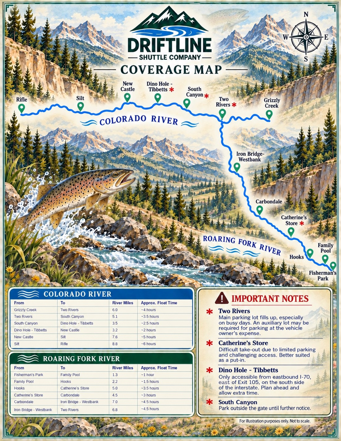 Driftline coverage map showing Colorado River and Roaring Fork River put-in and take-out access points